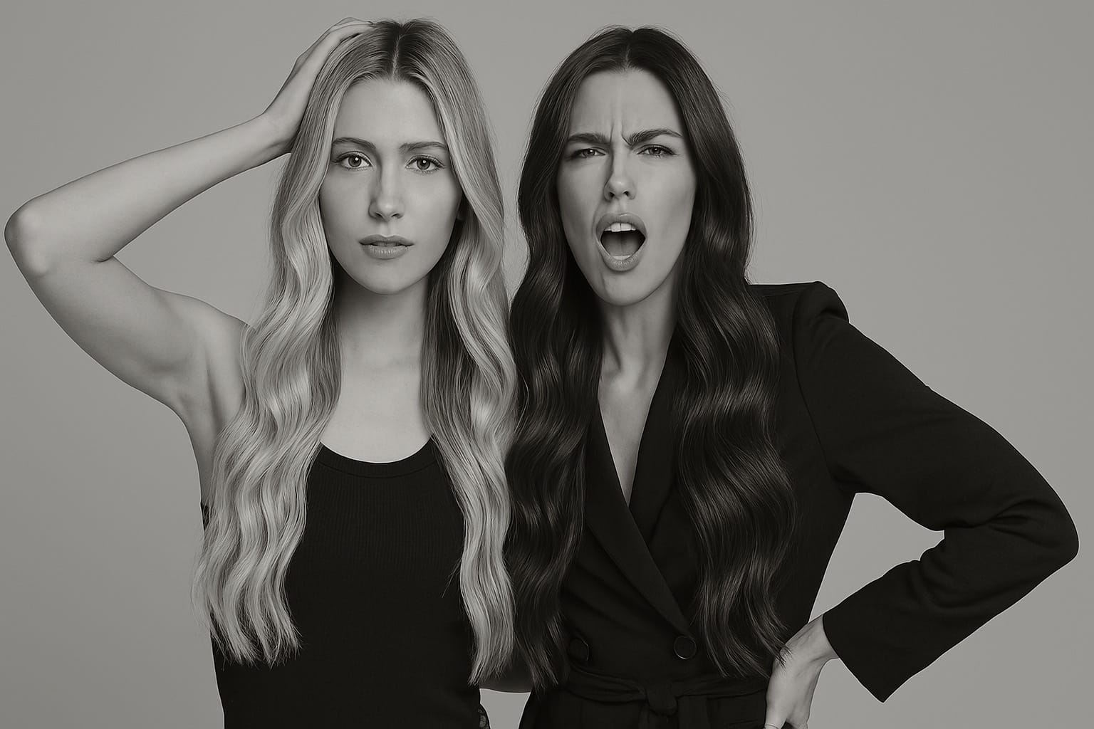 Cuarzo Peluquería foto en blanco y negro de dos chicas , rubia y morena con pelo largo