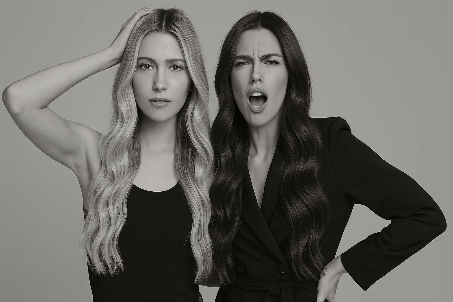 Cuarzo Peluquería foto en blanco y negro de dos chicas , rubia y morena con pelo largo